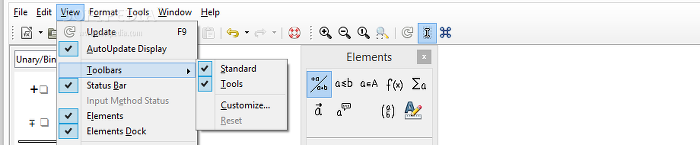 Showing the LibreOffice Math view menu